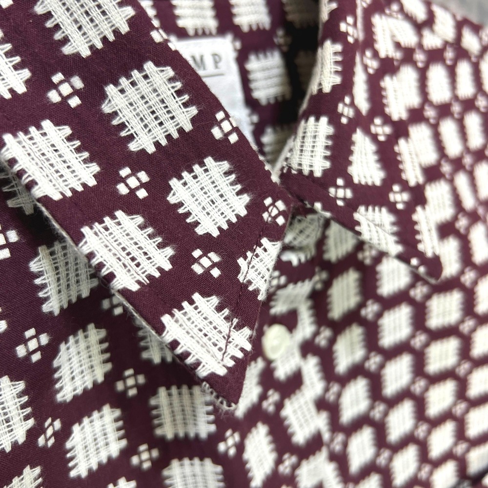 POMP Proper Fit Button Shirt Sz M Burgundy Dobby Weave Grid Capsule Minimalist